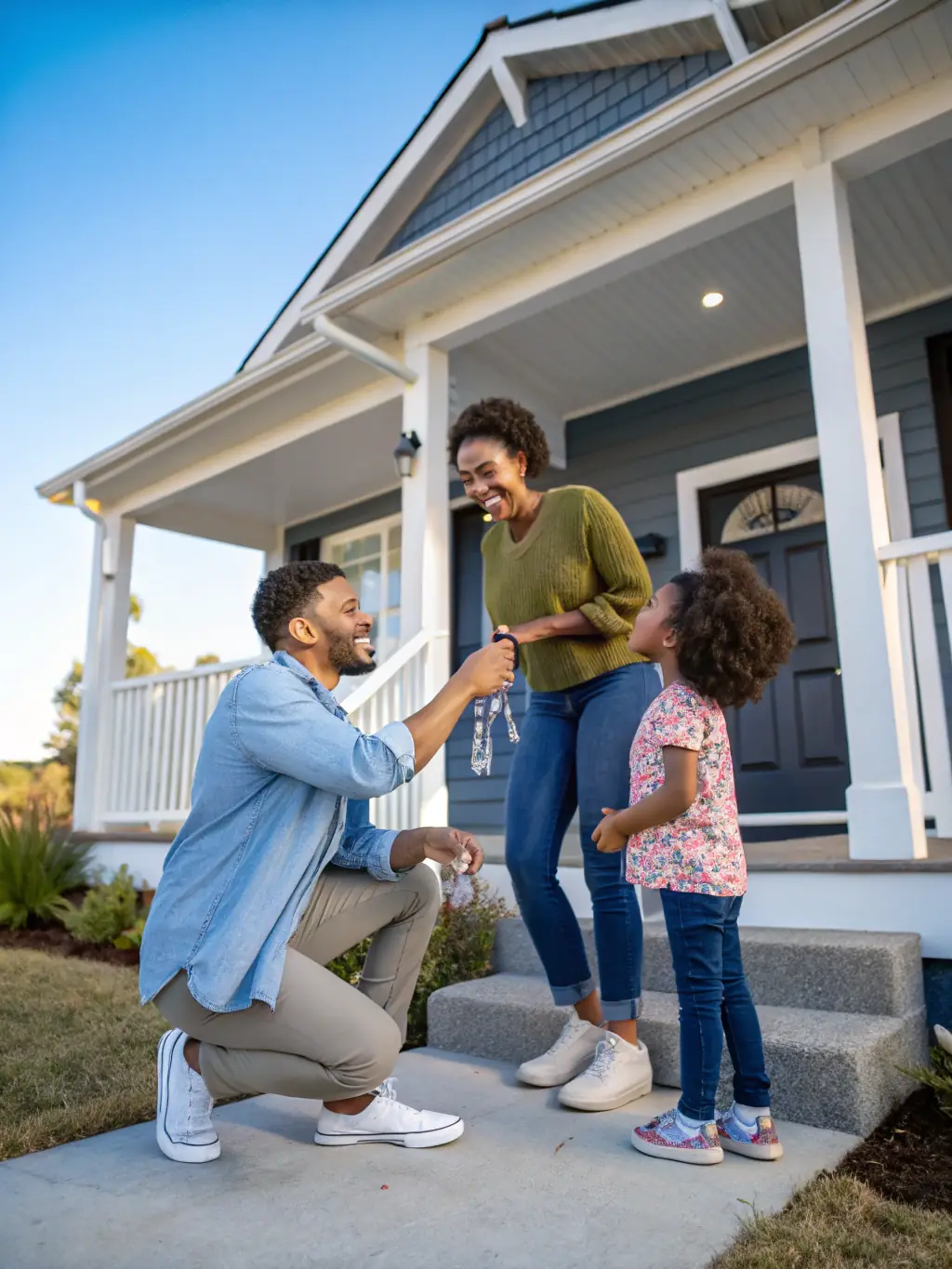 A diverse group of people happily gathered in front of a newly purchased home, representing Jane's commitment to serving all clients with dedication and care.