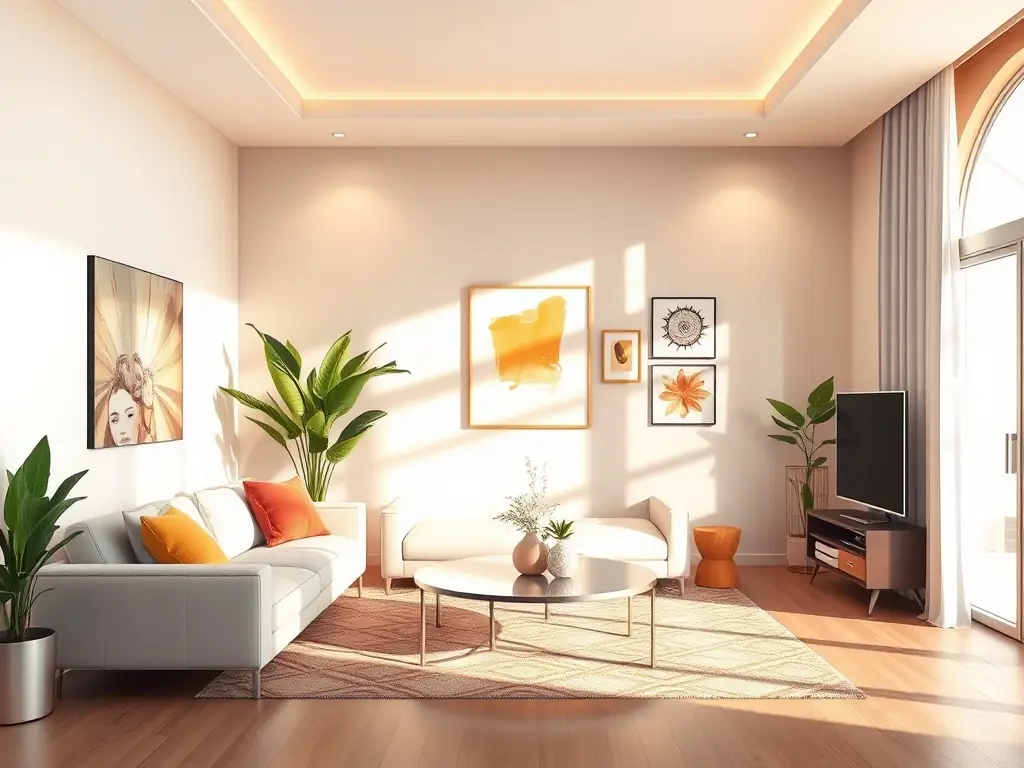 A beautifully staged living room with modern furniture, a stylish rug, and tasteful decor, creating a warm and inviting atmosphere. Natural light floods the space, highlighting the room's best features.