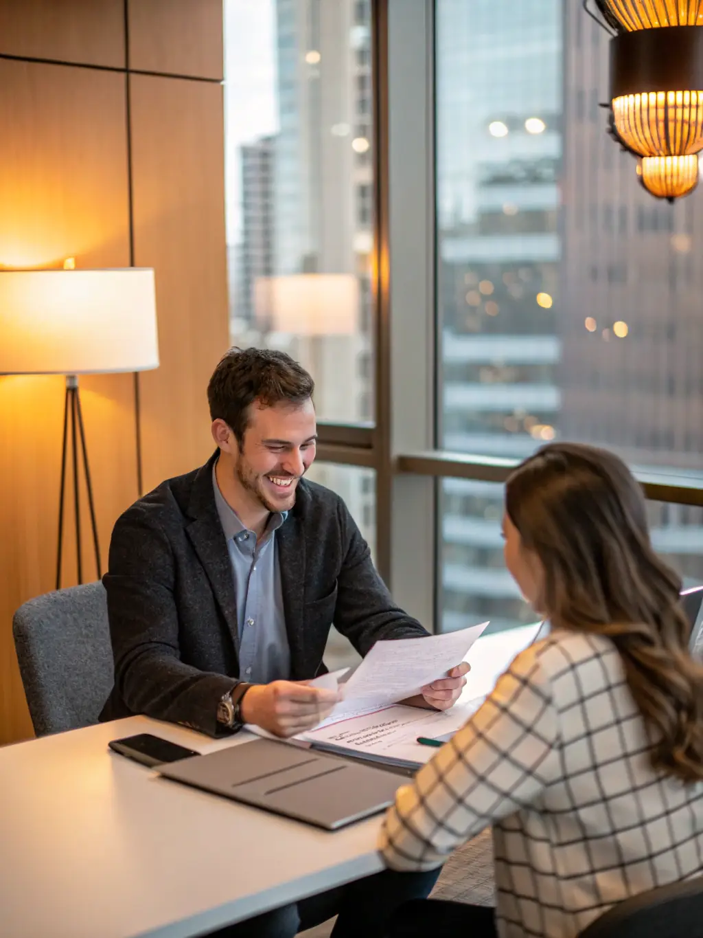 A friendly photo of Jane consulting with a client in a bright, modern office, emphasizing a consultative, non-transactional approach.