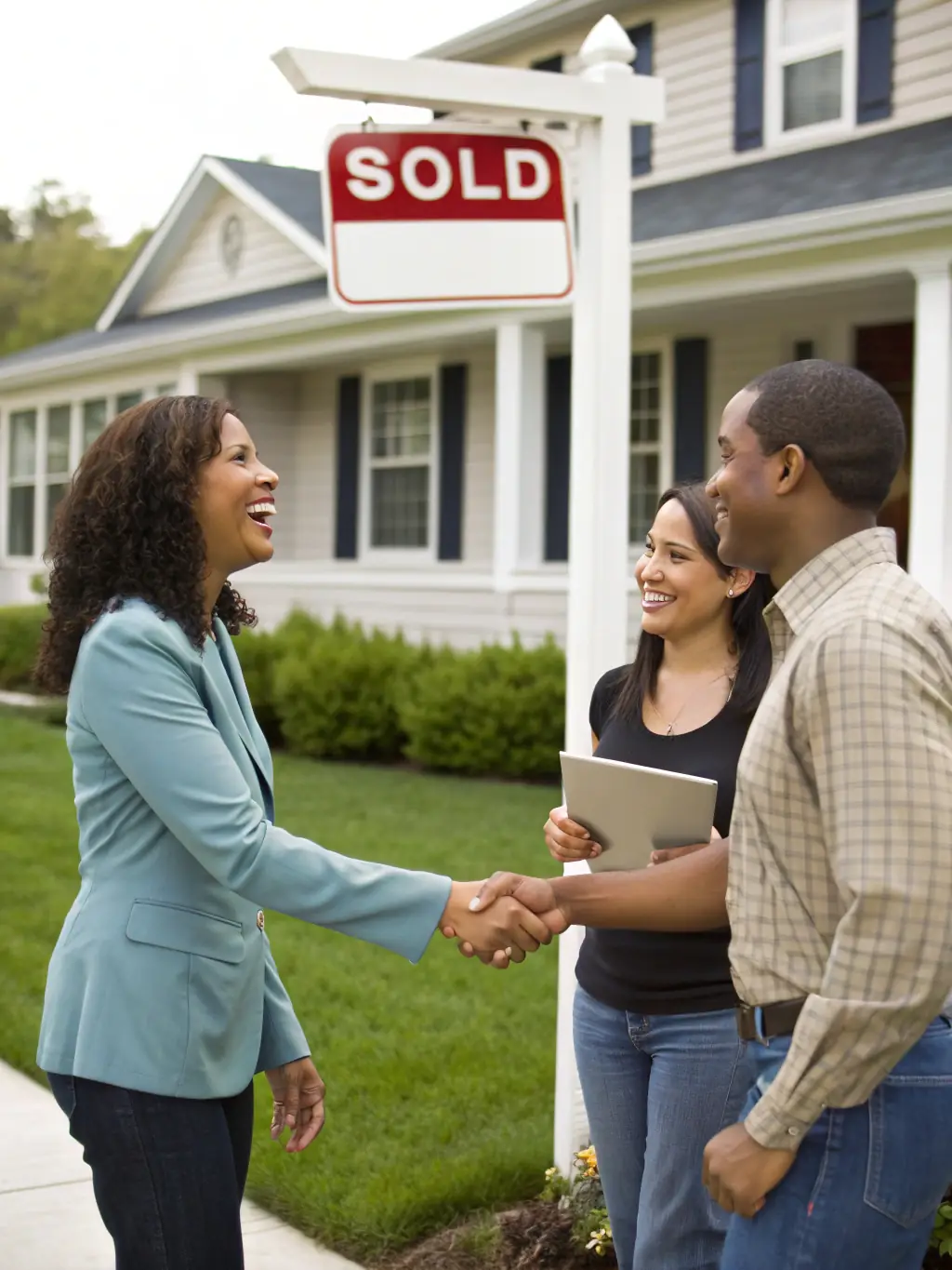 An image of Jane shaking hands with a client in front of a house, symbolizing her experience with clients going through life transitions.