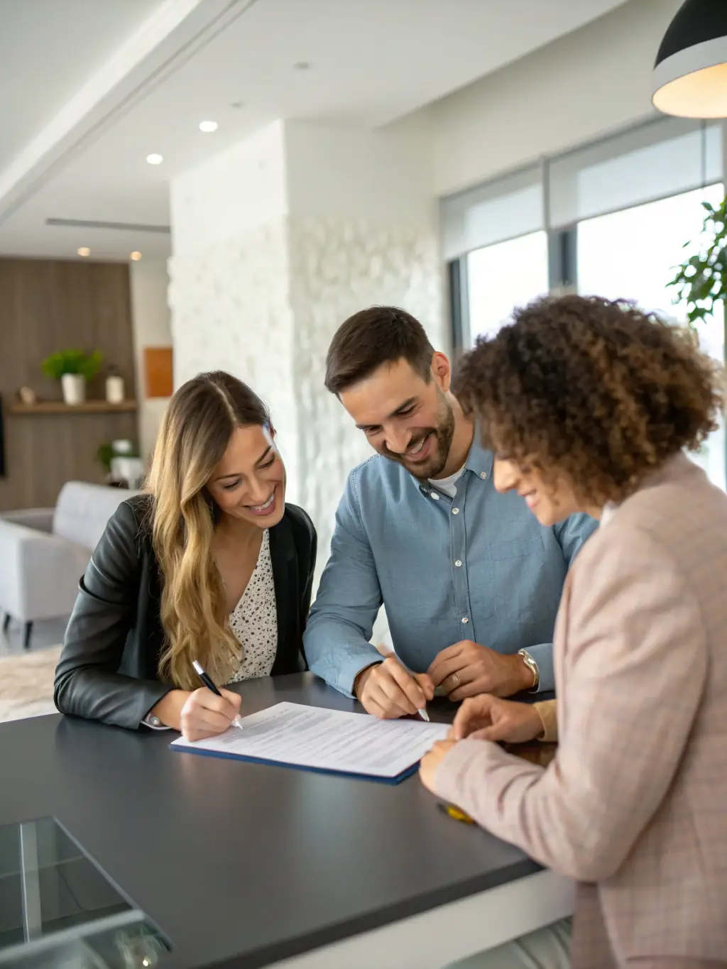 A real estate agent sitting with a young couple at a table, reviewing documents and discussing their home-buying goals in a bright, modern office setting.