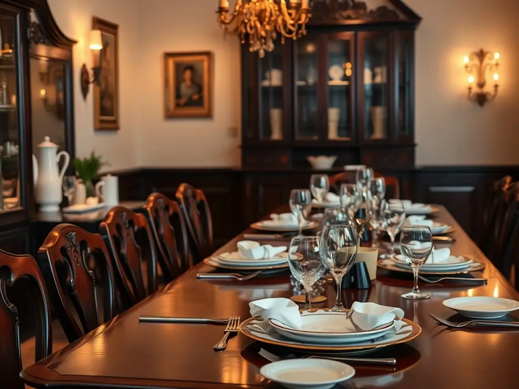 A dining room staged with elegant tableware, a centerpiece of fresh flowers, and soft lighting, creating an inviting space for potential buyers to imagine themselves entertaining.