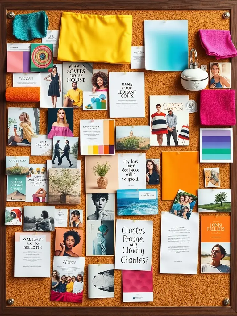 A mood board filled with images of different architectural styles, interior designs, and neighborhood scenes, representing the creative process of finding the perfect home.